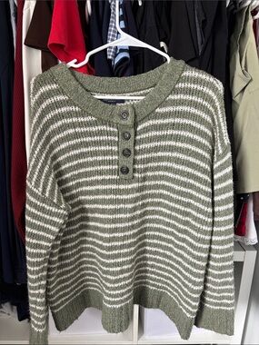 American Eagle Striped Olive & Cream Henley Sweater - Women
